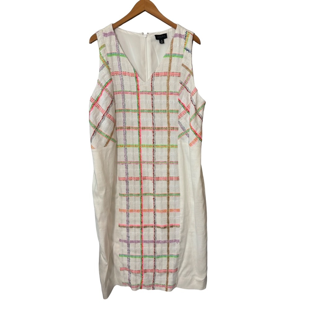 Carlisle Collection White Linen Tweed Plaid Metallic Shift Dress Size 18